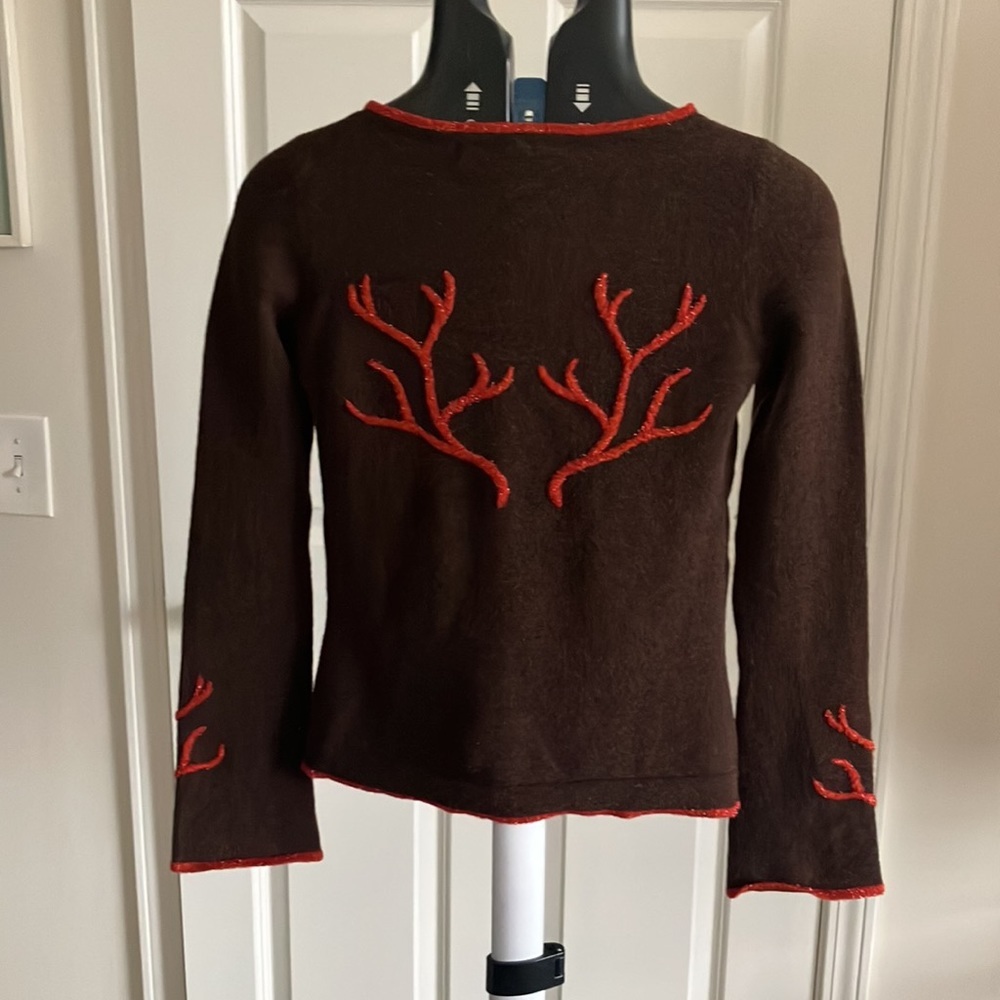 Diane Von Furstenberg 90s Wool Brown with Coral Antlers Embroidered Sweater S/XS